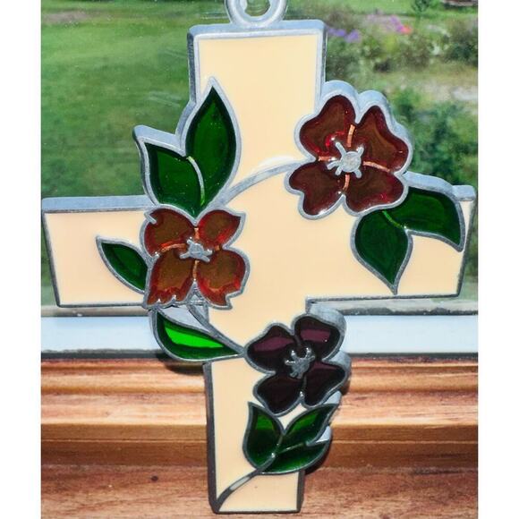Vintage 1970s Stained Glass Cross With Flowers Suncatcher Religion Catholic - Picture 1 of 5